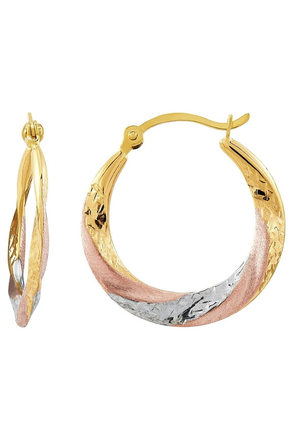 10K Rose Gold with Yellow and White Rhodium Plate Round Swirl Hoop Earrings