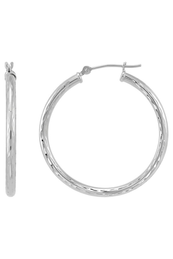 10K White Gold Polished and Diamond-Cut Round Tube Hoop Earrings