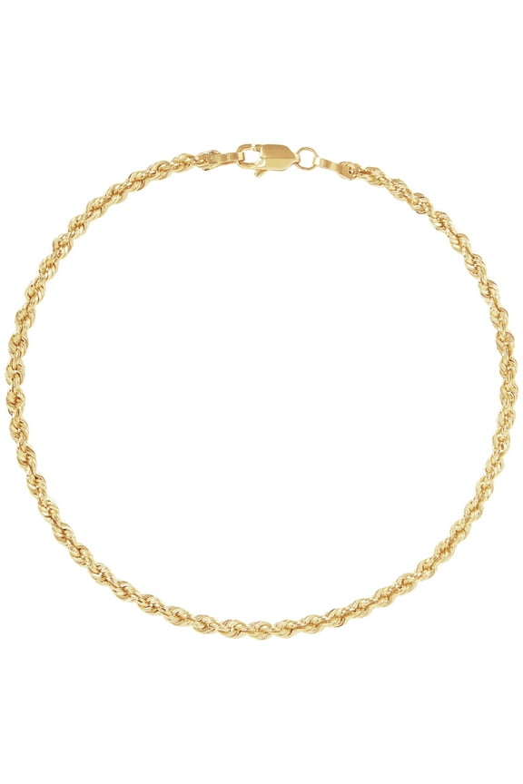 10K Yellow Gold 2.5mm Glitter Rope Bracelet,7.5"
