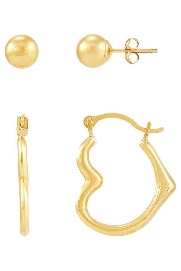 10K Yellow Gold 6MM Ball Studs and Heart Hoops Set