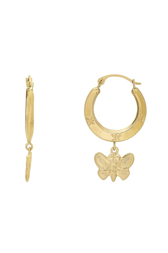 10K Yellow Gold Hollow Round Hoop Dangle Butterfly Earrings