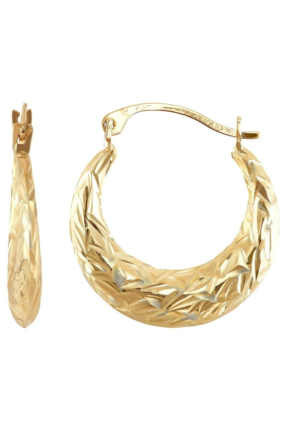 10K Yellow Gold Hollow Textured Graduated Center Hoop Earrings