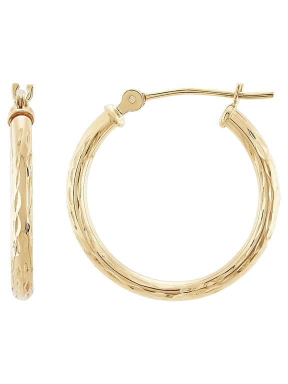 10K Yellow Gold Polished and Diamond-Cut Round Tube Hoop Earrings