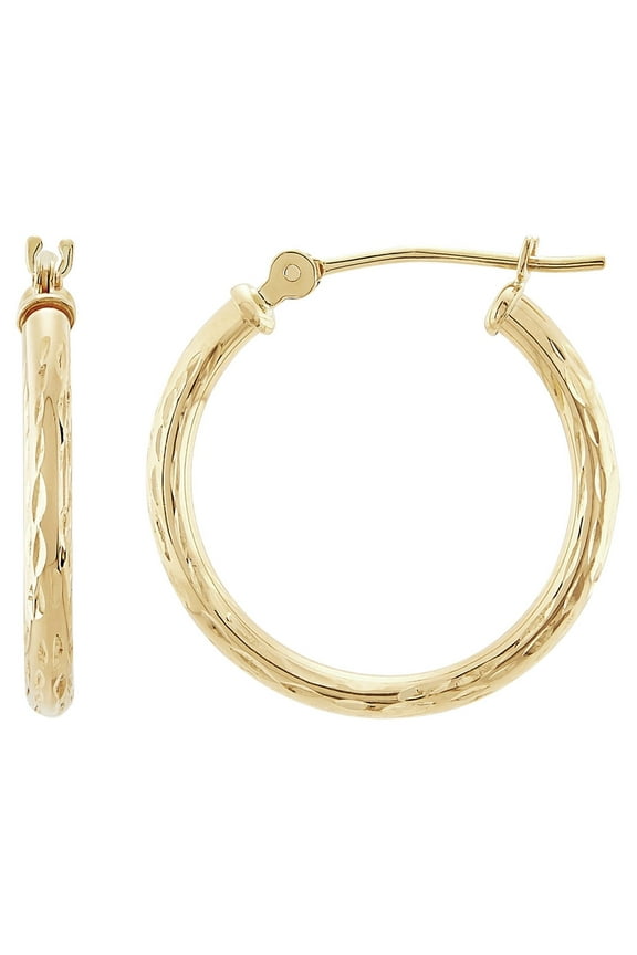 10K Yellow Gold Polished and Diamond-Cut Round Tube Hoop Earrings