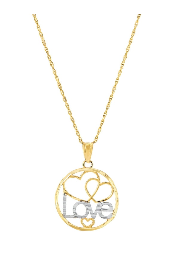 10K Yellow Gold Rhodium Love Hearts Circle on Gold Filled Necklace,18"
