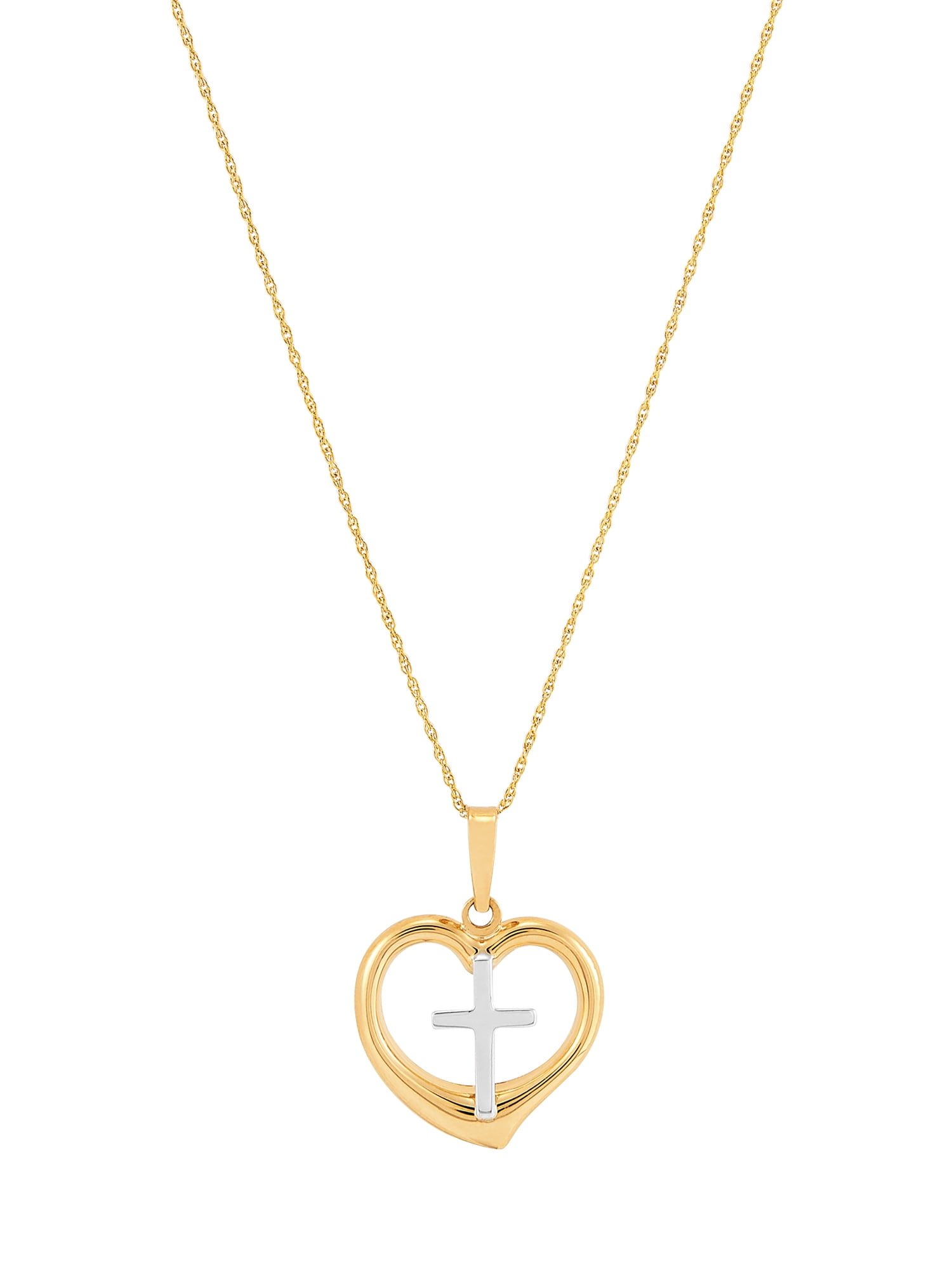 10K Yellow Gold on Gold Filled Necklace Heart with Rhodium Cross,18"