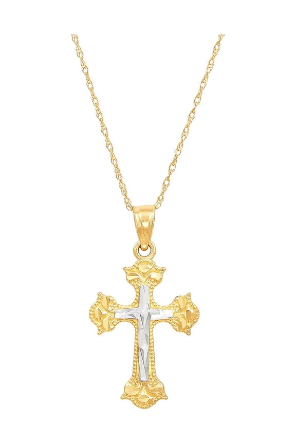 10K Yellow Gold with Rhodium Cross Pendant Necklace,18"