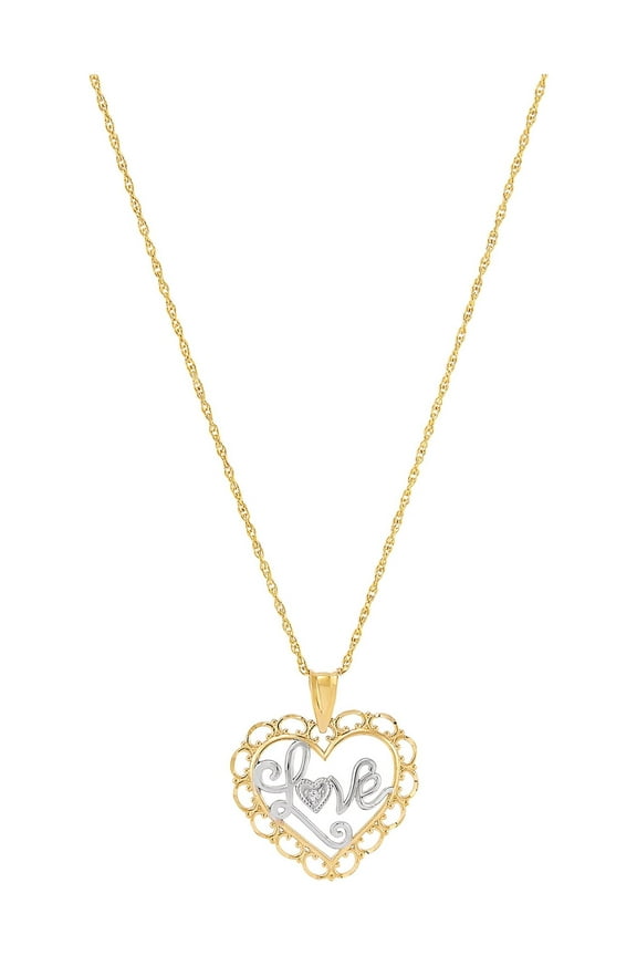 10K Yellow Gold with Rhodium Love Hearts Pendant,18"