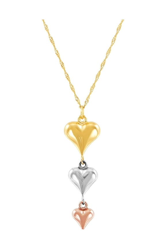 10K Yellow, White and Pink Gold Puffed Heart Necklace, 18"