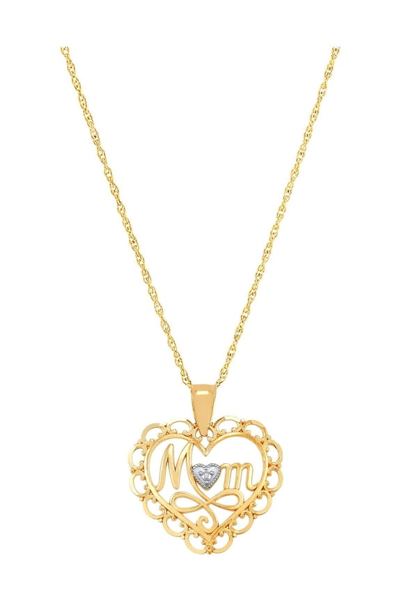 10k Yellow Gold Mom Heart Pendant with Rhodium Filigree on 18" Gold Filled Chain