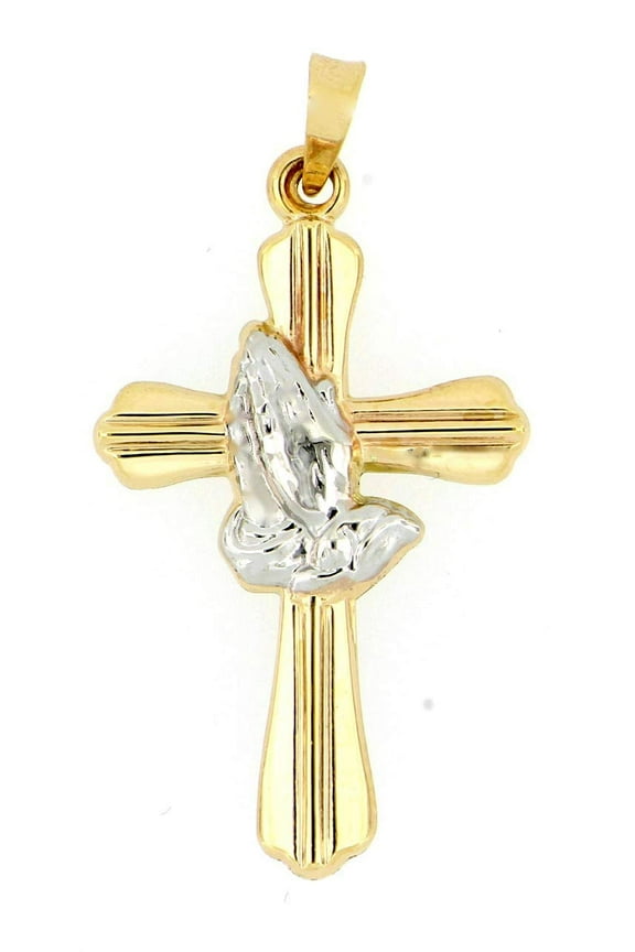 14 KT Two Tone Gold Praying Hands Cross Pendant