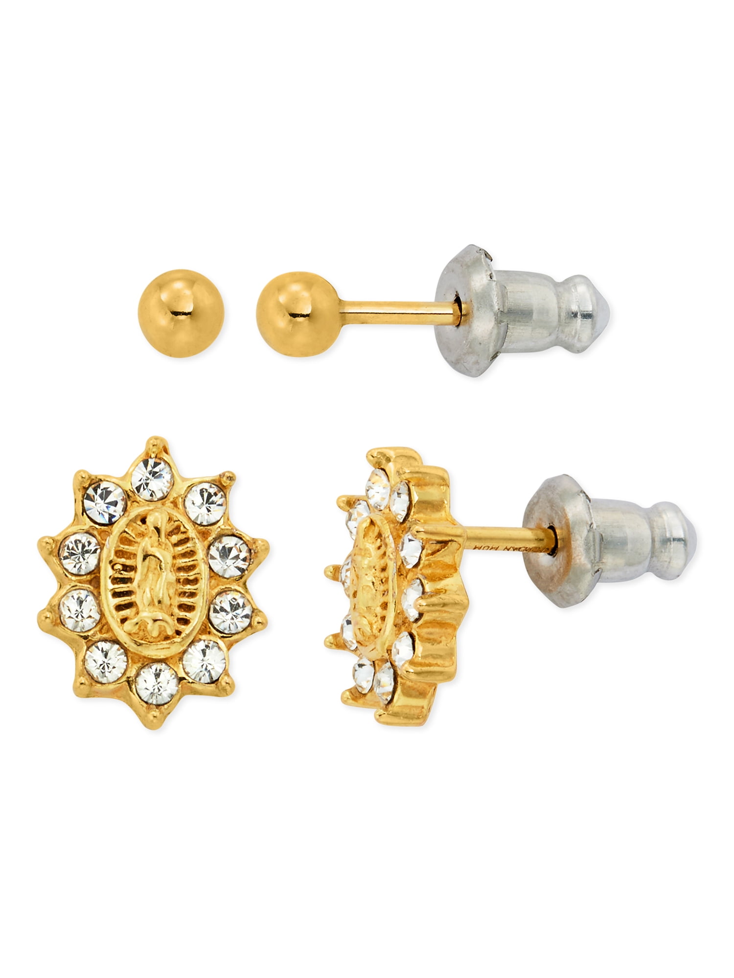 Brilliance Fine Jewelry 14K Gold Plated Sterling Silver Crystal Guadalupe & Ball Studs Childrens Earrings Set