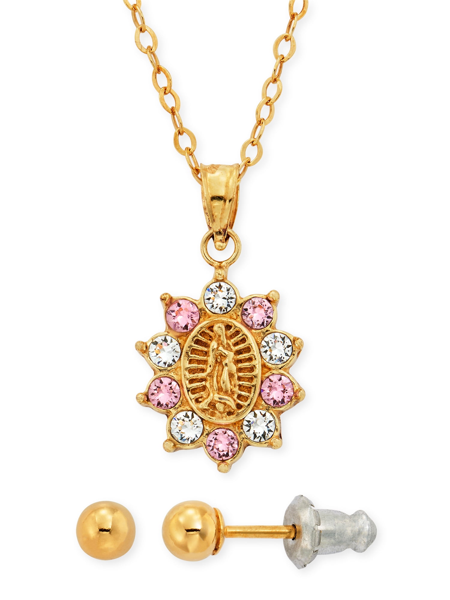 Brilliance Fine Jewelry 14K Gold Plated Sterling Silver Crystal Guadalupe Pendant & Studs Children’s Set