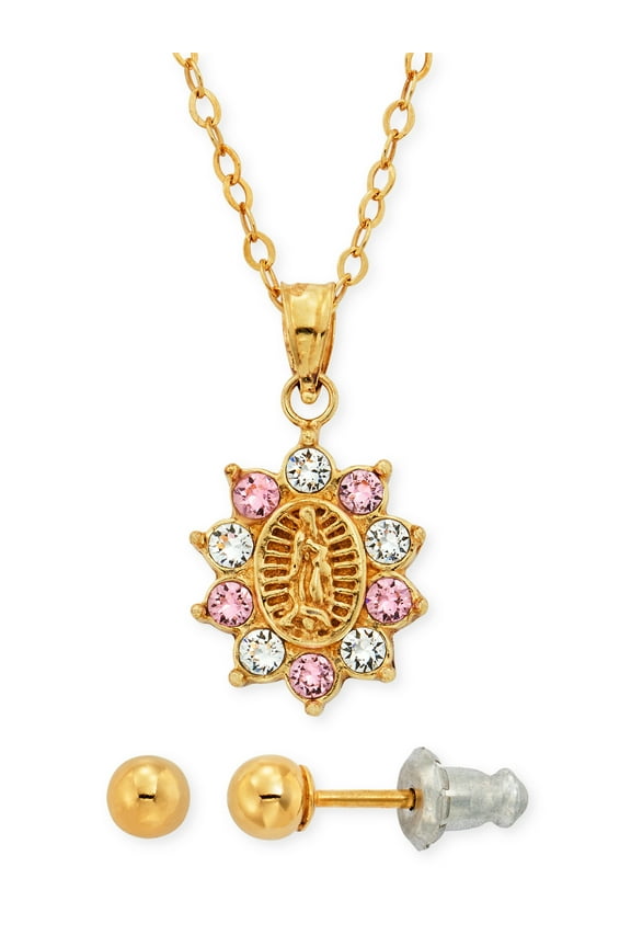 14K Gold Plated Sterling Silver Crystal Guadalupe Pendant & Studs Childrens Set