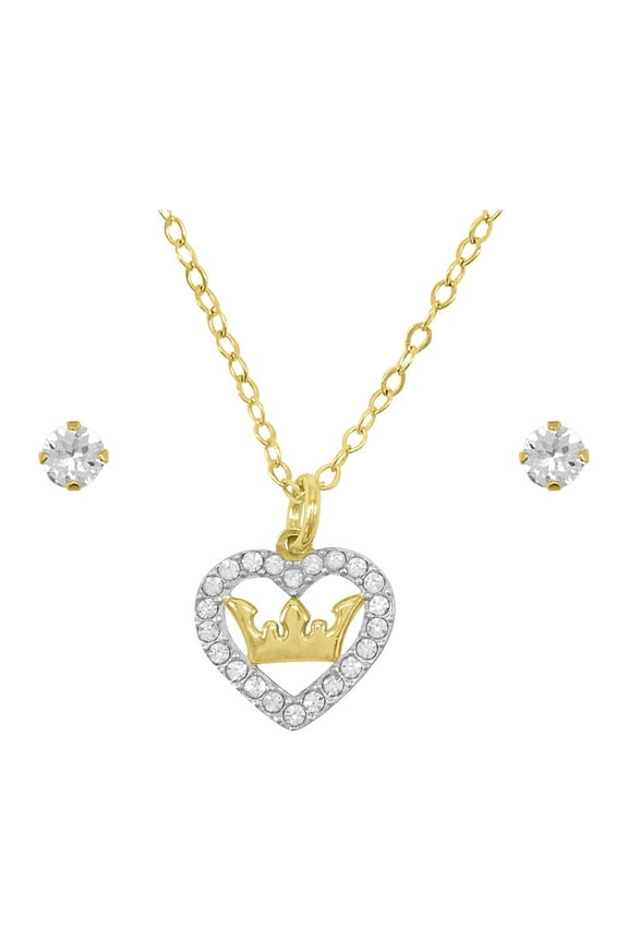 14K Gold Plated Sterling Silver Crystal Heart Necklace & Studs Childrens Set