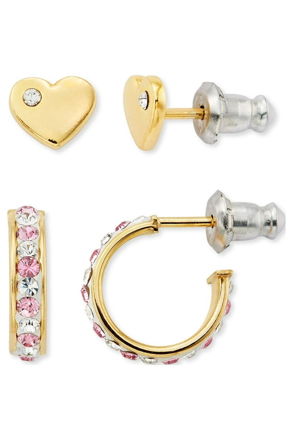 14K Gold Plated Sterling Silver Crystal Heart Studs and Hoop Childrens Earrings Set