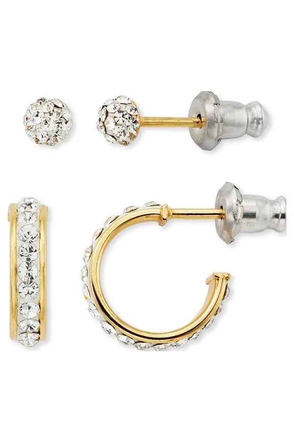14K Gold Plated Sterling Silver Crystal Studs and Hoop Childrens Earrings Set