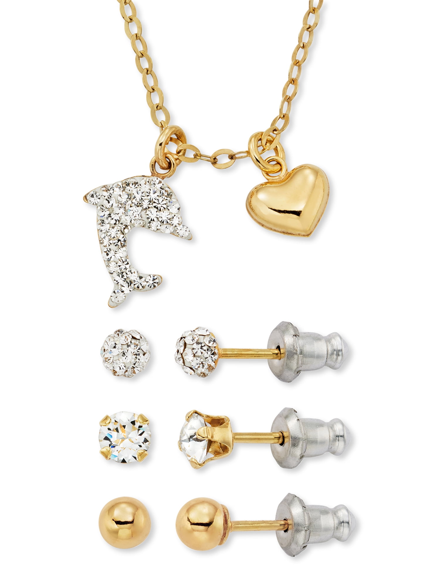 Brilliance Fine Jewelry 14K Gold-Plated Sterling Silver Dolphin Heart Necklace & Studs Children’s Set