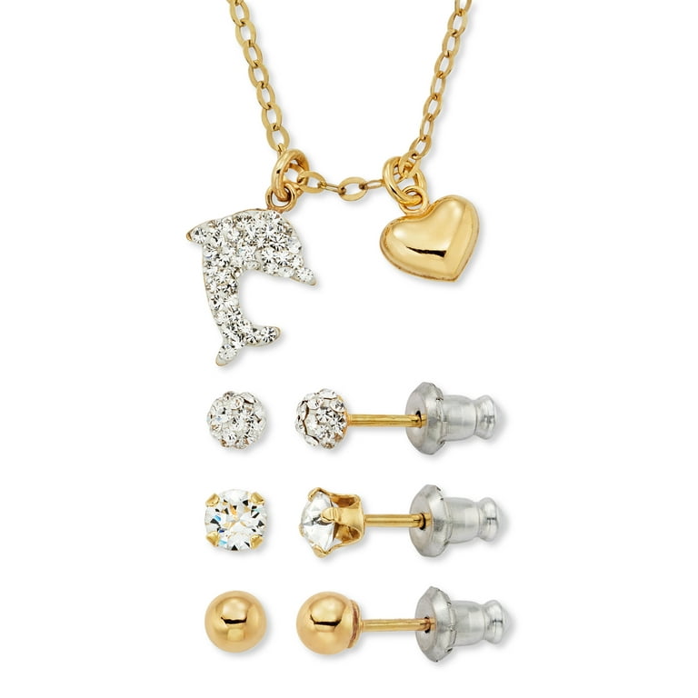 Brilliance Fine Jewelry 14K Gold-Plated Sterling Silver Dolphin Heart  Necklace & Studs Children’s Set