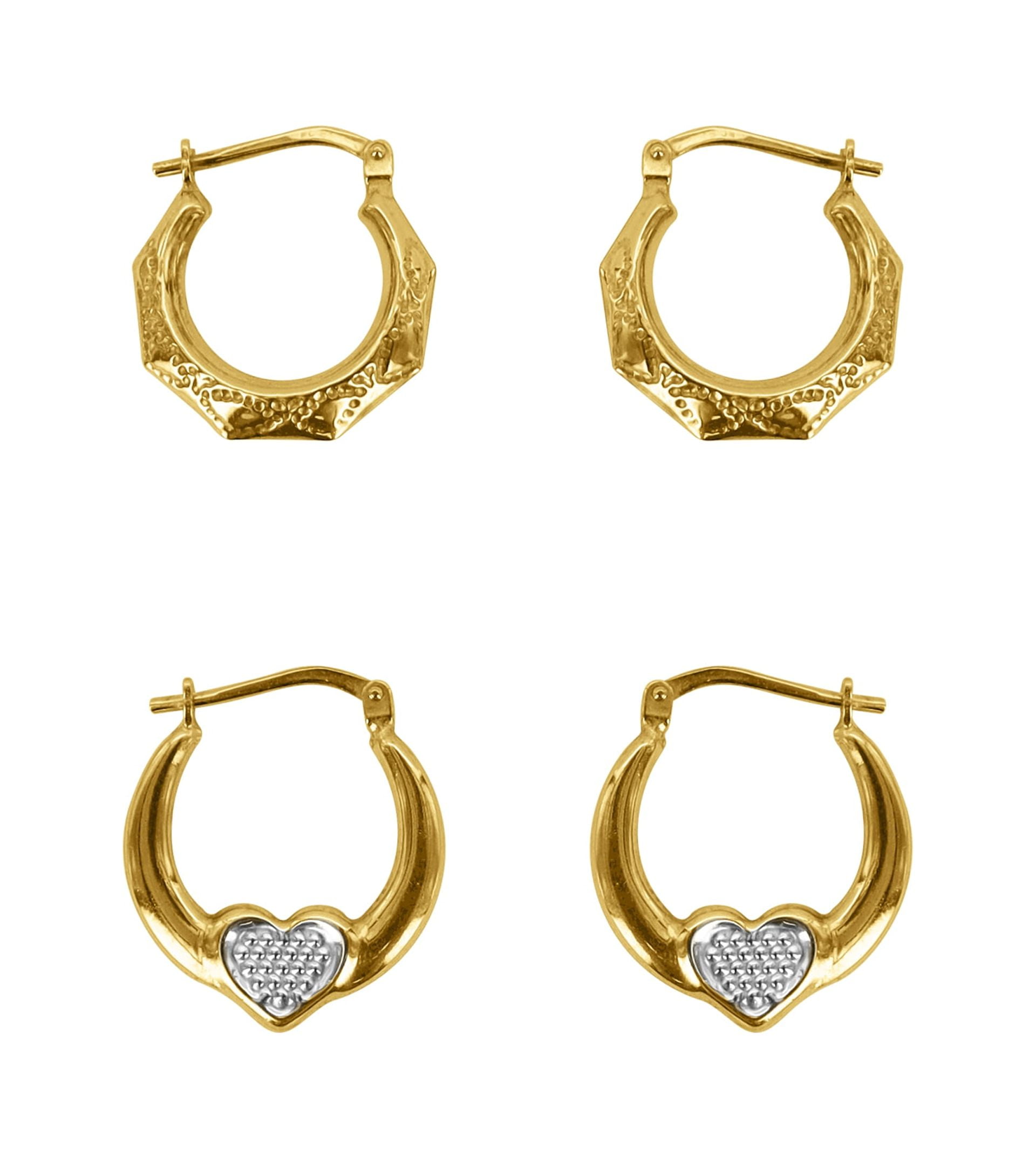 Brilliance Fine Jewelry 14K Gold Plated Sterling Silver Polygon and Heart Hoops Adults Earrings Set