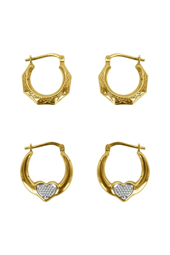 14K Gold Plated Sterling Silver Polygon and Heart Hoops Adults Earrings Set