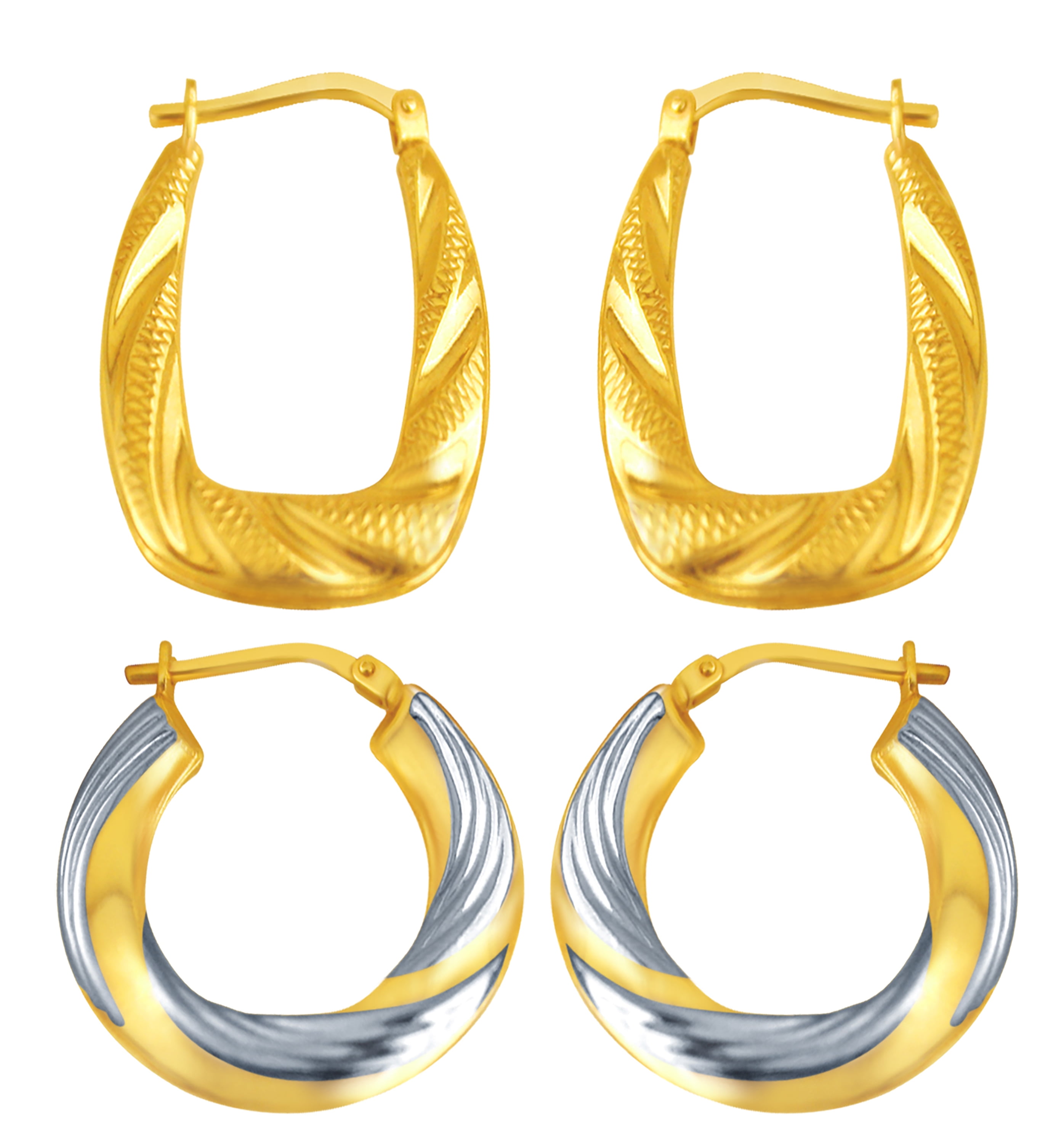 Brilliance Fine Jewelry 14K Gold Plated Sterling Silver Textured and Swirl Hoops Adults Earrings Set