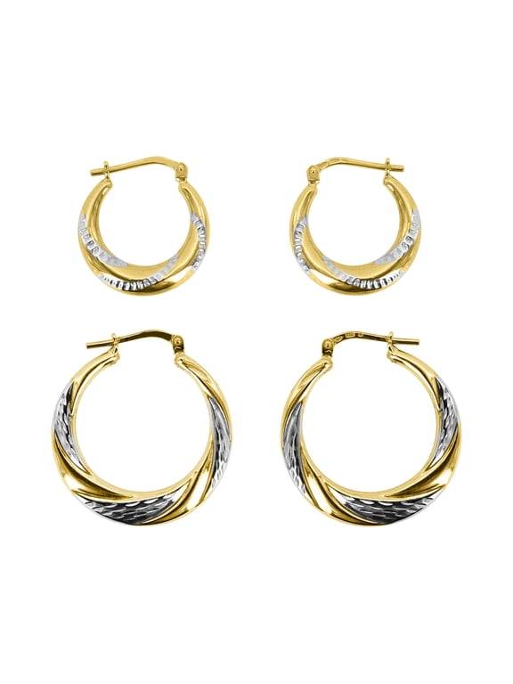 Brilliance Fine Jewellery 14K Gold Plated Sterling Silver and Diamond Cut Swirl Hoops Earrings Set