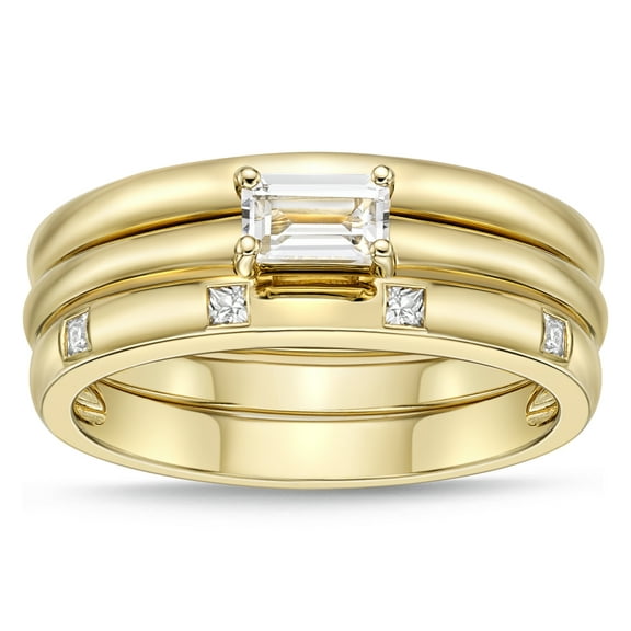 Brilliance Fine Jewelry 14K Yellow Gold Plated Sterling Silver Created White Sapphire three (3) piece stackable mix and match anniversary band rings
