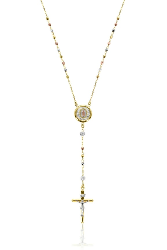 18K Gold Plated Sterling Silver Crystal Rosary Tri-Color Necklace 24"