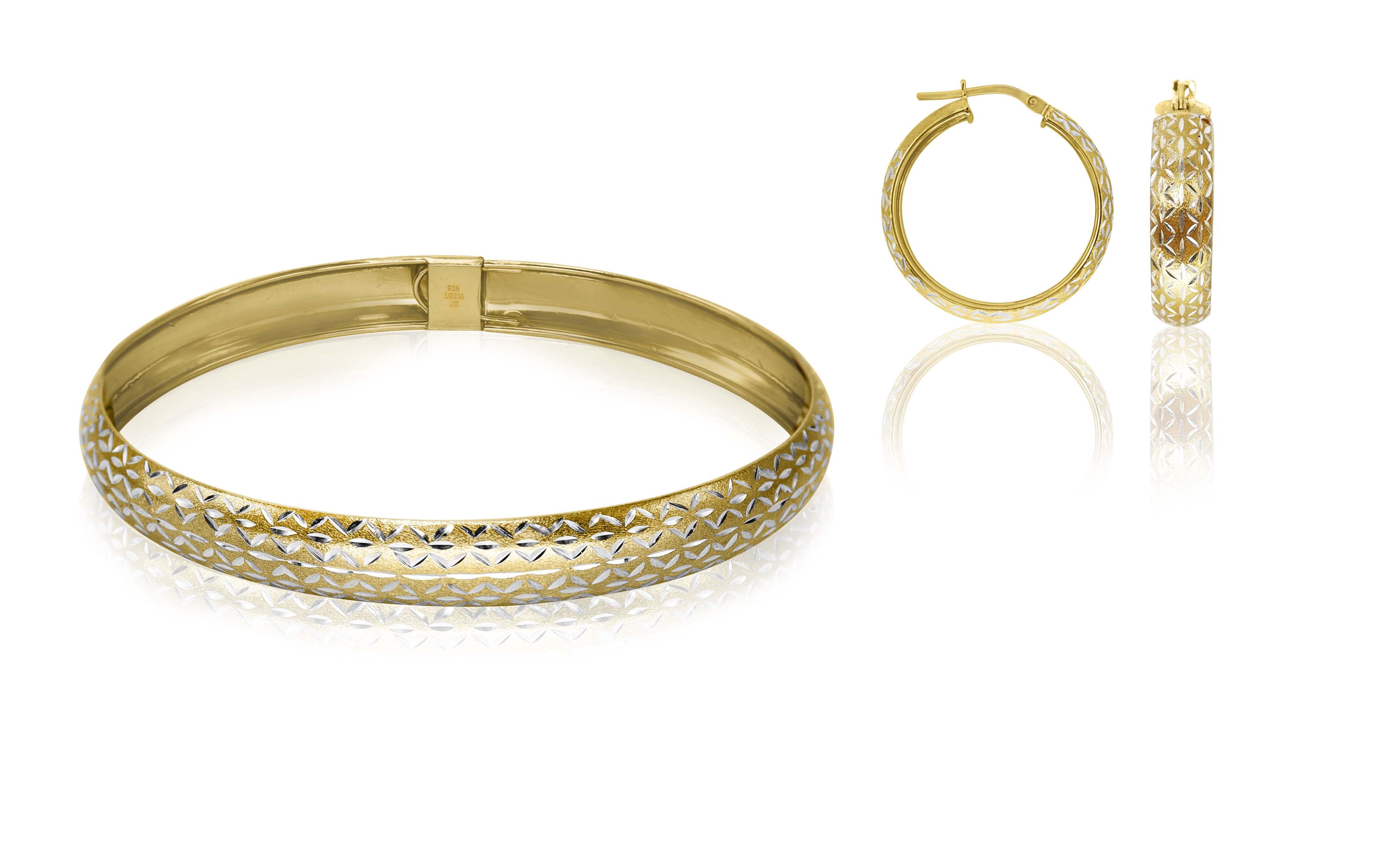 Brilliance Fine Jewelry 18K Gold Plated Sterling Silver Diamond Cut Women's Flex Bangle & Hoop Earrings Set