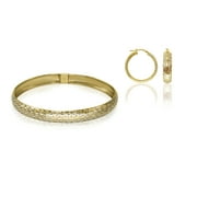Brilliance Fine Jewelry 18K Gold Plated Sterling Silver Diamond Cut Women's Flex Bangle & Hoop Earrings Set