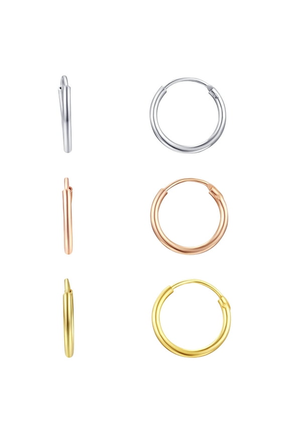 3 Tone Hoop Earring Set in 14K Rose Gold/Gold Plated Sterling Silver 12MM