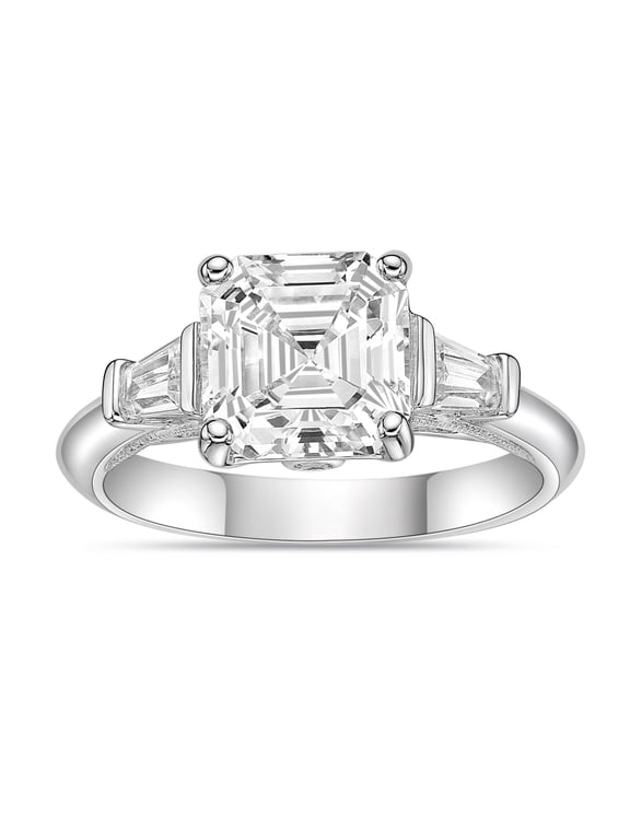 925 Sterling Silver Asscher Cut Simulated White Diamond & Baguette Cubic Zirconia Engagement Cocktail Ring