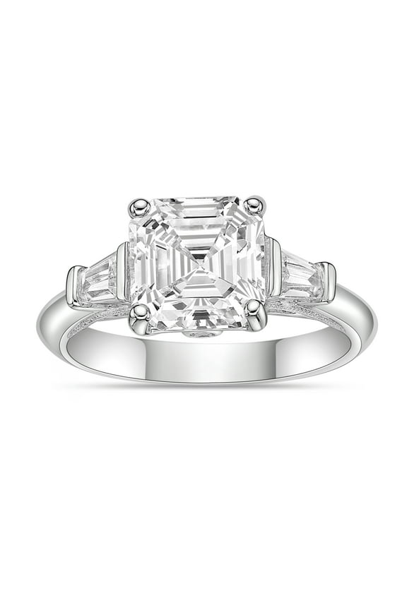 925 Sterling Silver Asscher Simulated White Diamond and Channel White Cubic Zirconia Gemstone Cocktail Engagement Ring