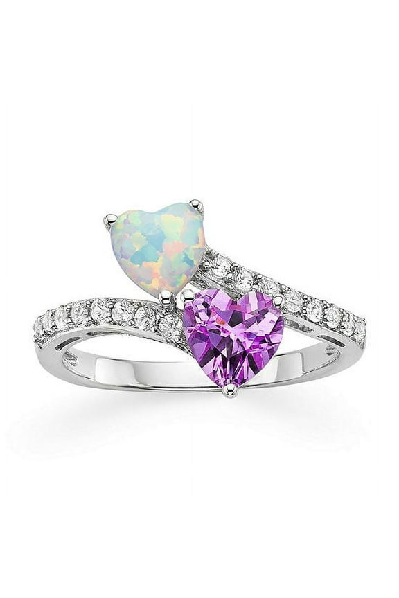 925 Sterling Silver Created Opal, Created Pink Sapphire and Created White Sapphire Bypass Ring