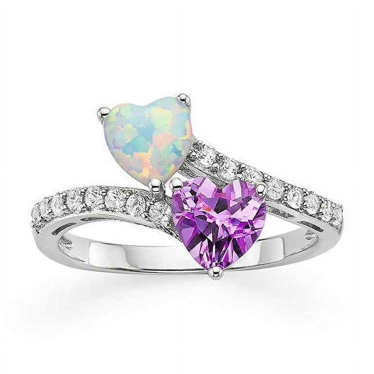 Sterling Silver Oval White Created Opal Genuine Amethyst And CZ Ring Sterling Silver Oval White Created Opal Genuine Amethyst And CZ Ring