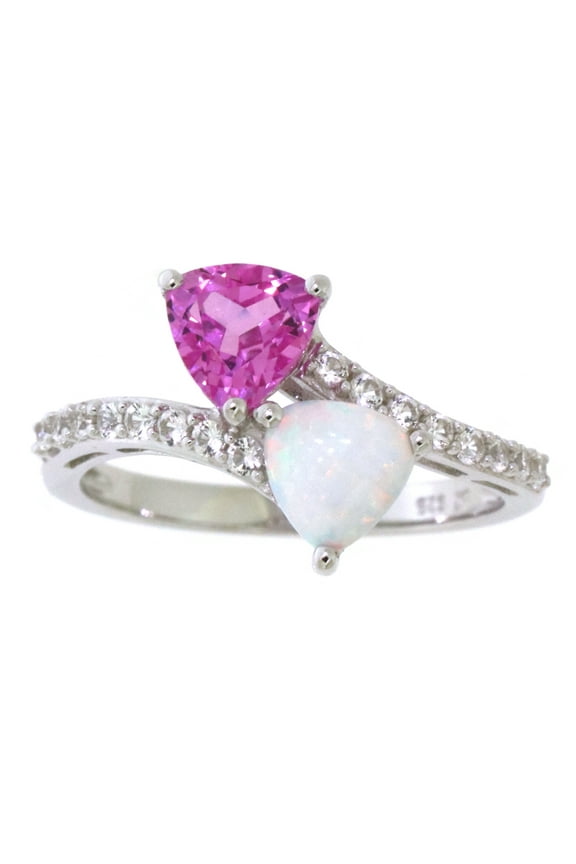 925 Sterling Silver Created Opal, Created Pink Sapphire and Created White Sapphire Bypass Ring