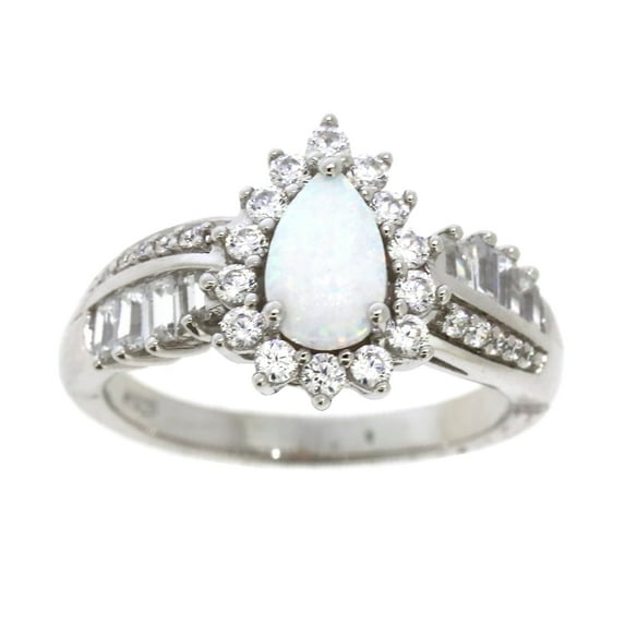 Brilliance Fine Jewelry 925 Sterling Silver Created Pear Shape White Opal and White CZ Cubic Zirconia Simulated Diamond Halo Engagement Ring