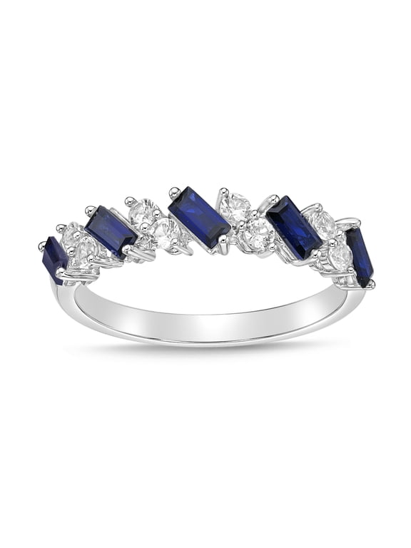 925 Sterling Silver Created Sapphire and White Cubic Zirconia CZ Band Ring