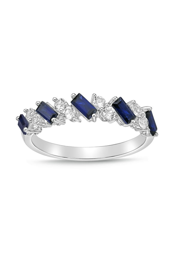 925 Sterling Silver Created Sapphire and White Cubic Zirconia CZ Band Ring