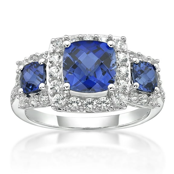 Brilliance Fine Jewelry 925 Sterling Silver Cushion Cut Lab Created Blue and Created White Sapphire Ring