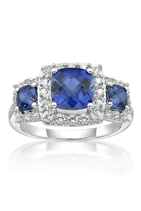 925 Sterling Silver Cushion Cut Lab Created Blue and Created White Sapphire Ring