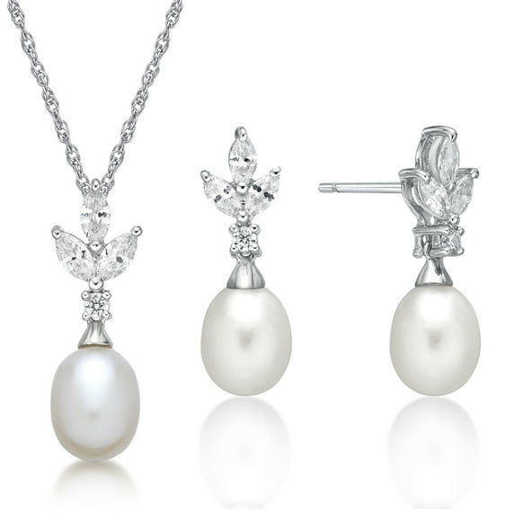 Brilliance Fine Jewelry 925 Sterling Silver Fancy Freshwater Pearl with Simulated White Diamond accent Boxed Set with Earring and Pendant, 18" Chain