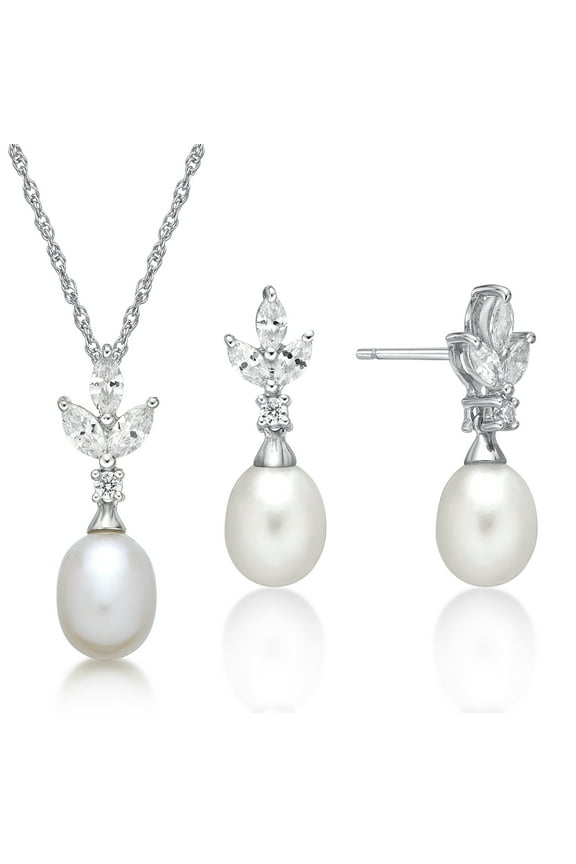 925 Sterling Silver Fancy Freshwater Pearl with Simulated White Diamond accent Boxed Set with Earring and Pendant, 18" Chain