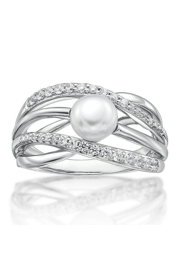 925 Sterling Silver Freshwater Pearl with Simulated White Diamond Criss Cross Ring