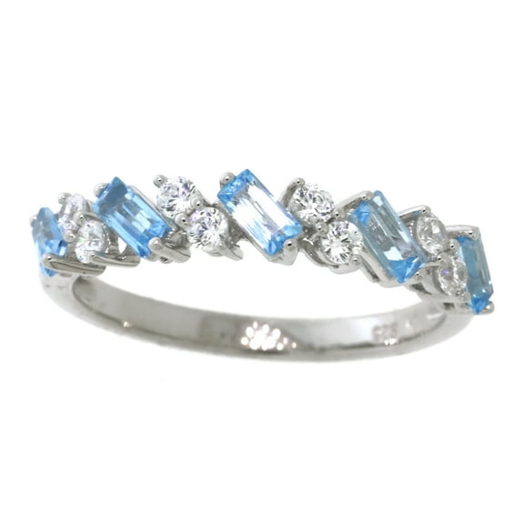 Brilliance Fine Jewelry 925 Sterling Silver Genuine Swiss Blue Topaz and White Cubic Zirconia CZ Band Ring