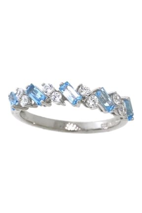 925 Sterling Silver Genuine Swiss Blue Topaz and White Cubic Zirconia CZ Band Ring