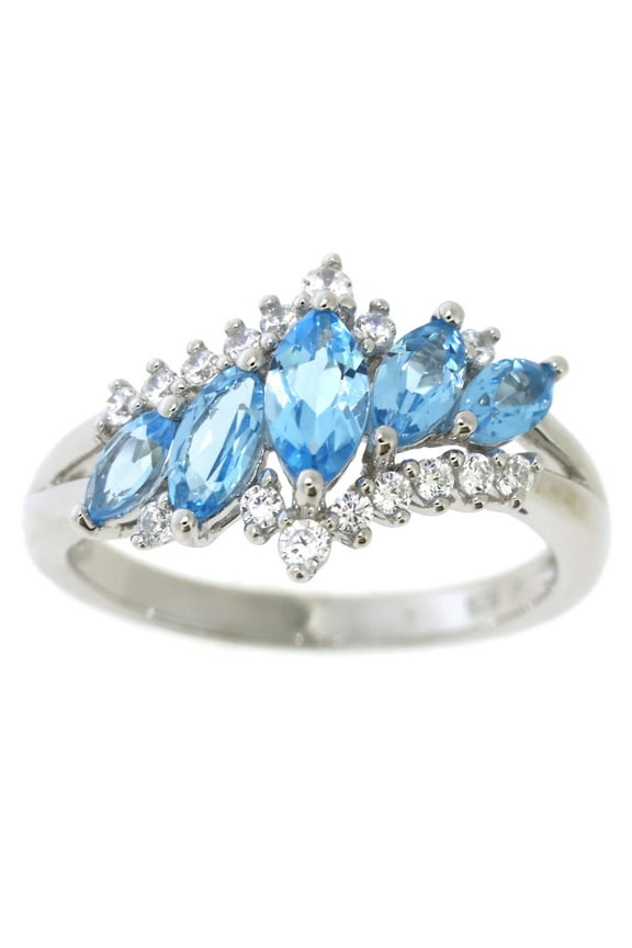 925 Sterling Silver Genuine Swiss Blue Topaz and White Cubic Zirconia CZ Marquise Ring