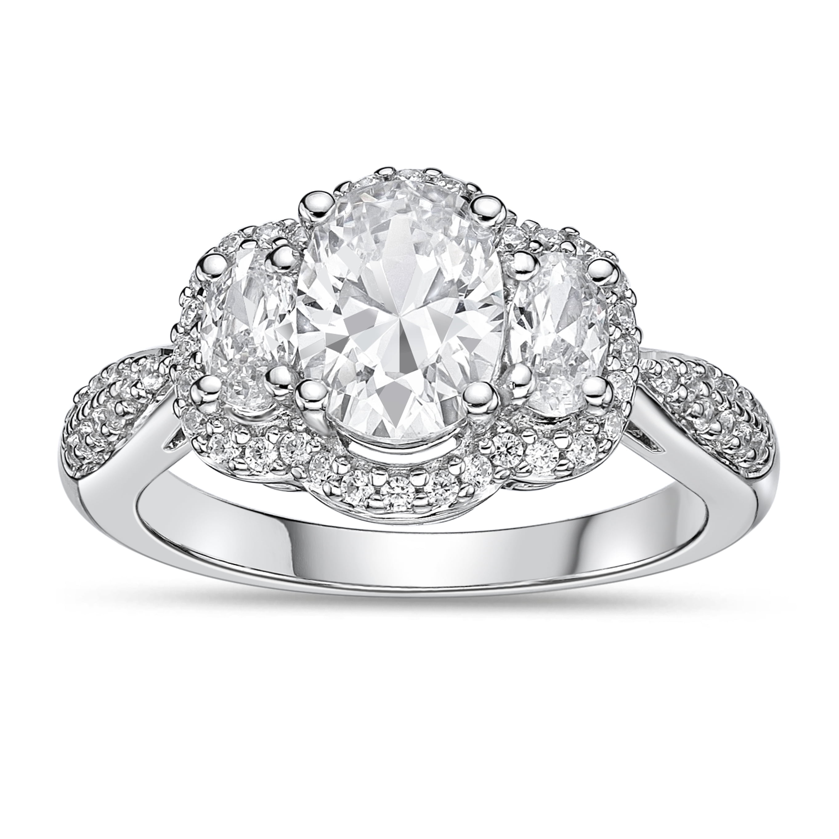 Brilliance Fine Jewelry 925 Sterling Silver Halo Vintage Three Oval Simulated White Diamond Cubic Zirconia Gemstone Engagement Bridal Ring