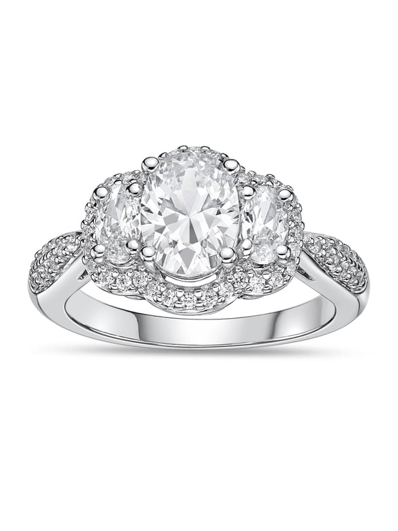925 Sterling Silver Halo Vintage Three Oval Simulated White Diamond Cubic Zirconia Gemstone Engagement Bridal Ring
